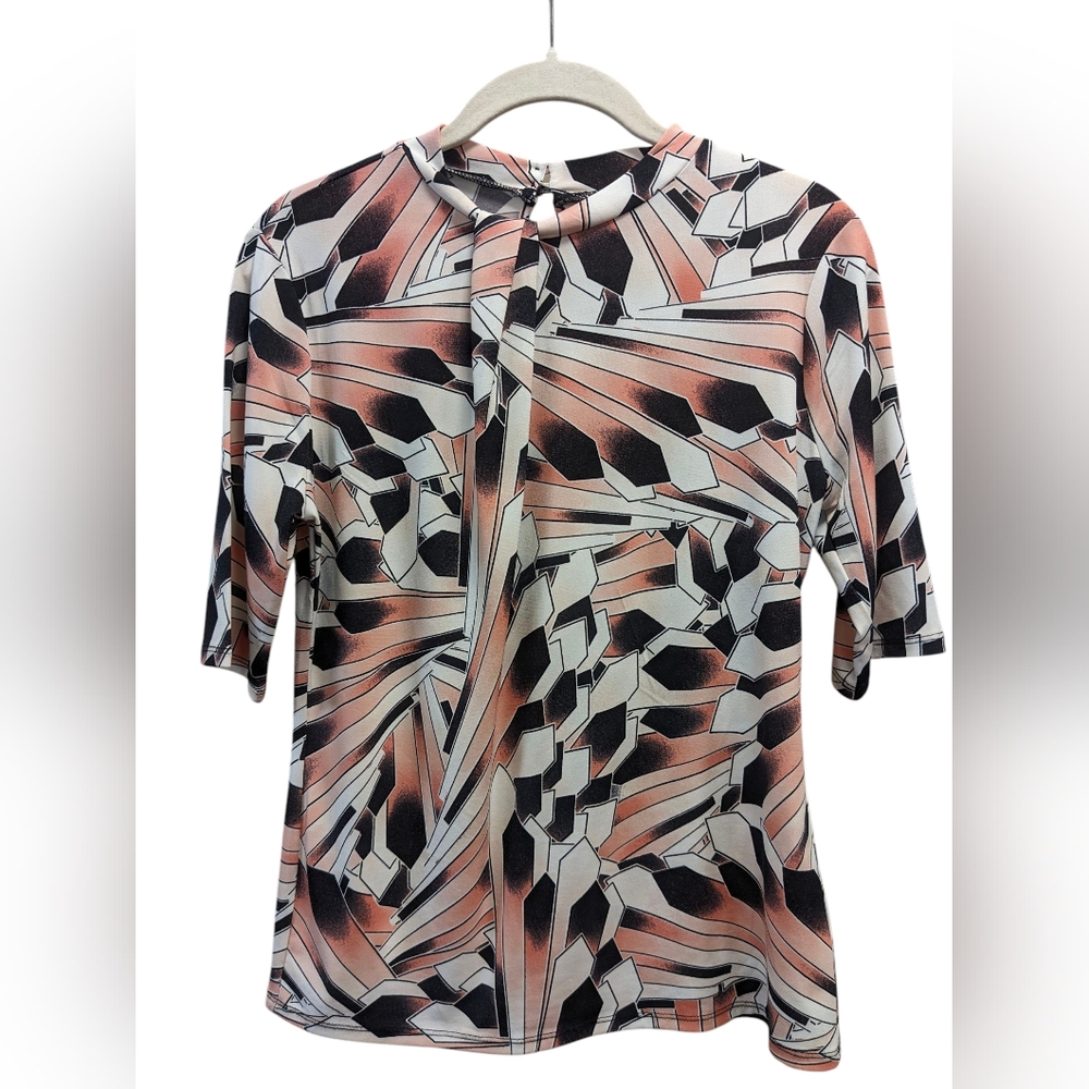 Worthington Abstract Retro Geometric Knit Short Sleeve Blouse Size Small